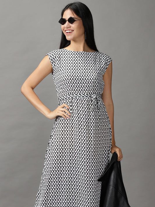 Women's White Geometrical Chiffon Fit & Flare Dress
