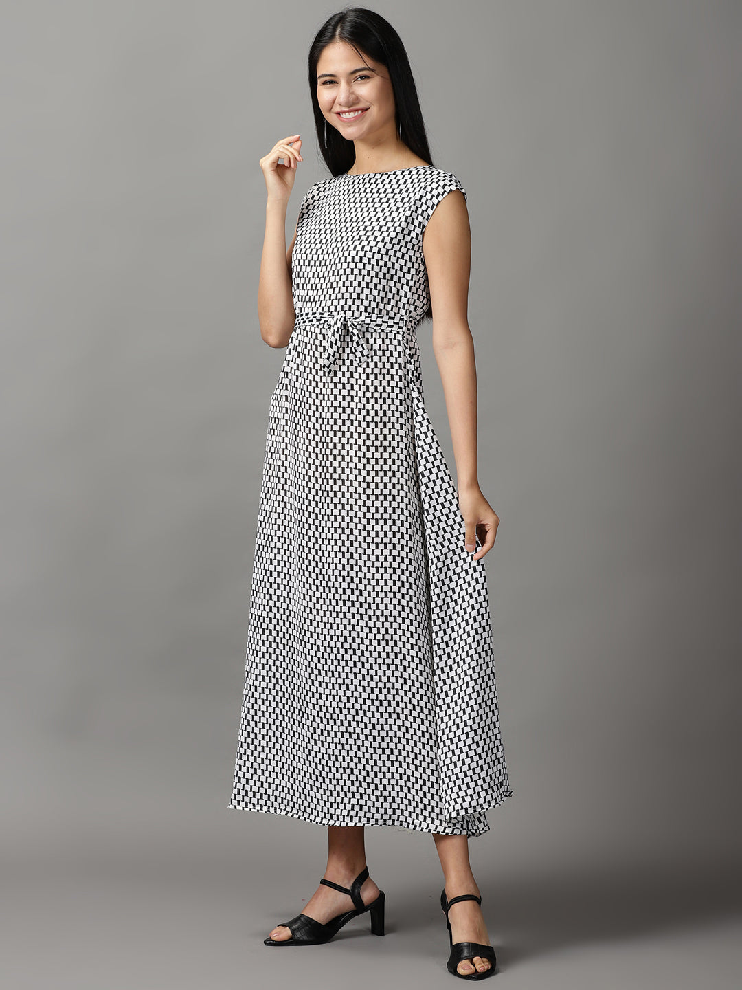 Women's White Geometrical Chiffon Fit & Flare Dress