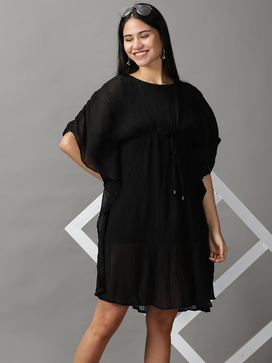 Women's Black Kaftan Short Sleeves Round Neck Dress