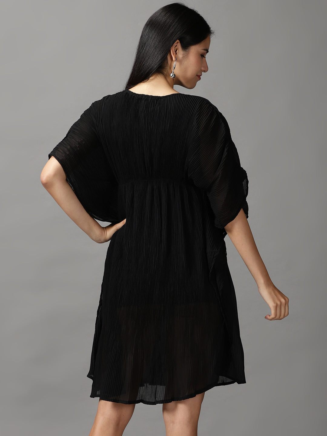 Women's Black Kaftan Short Sleeves Round Neck Dress