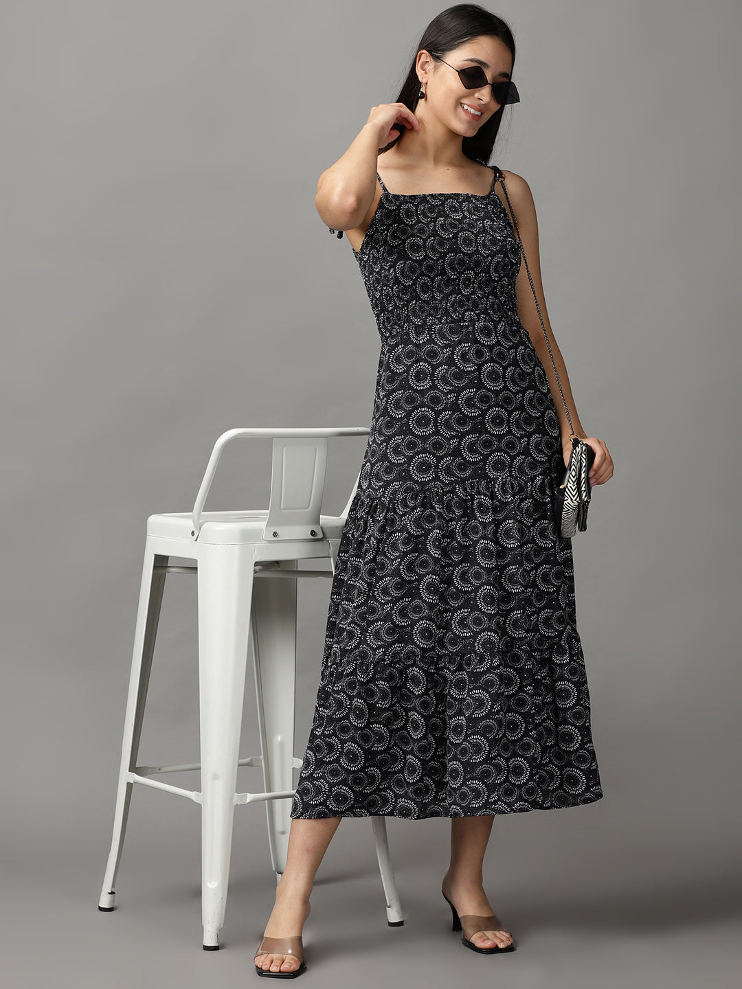 Women's Black Geometrical Fit & Flare Dress