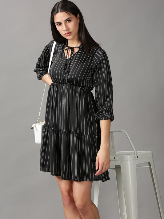 Women's Black Striped Tie-Up Neck Layered Fit & Flare Dress
