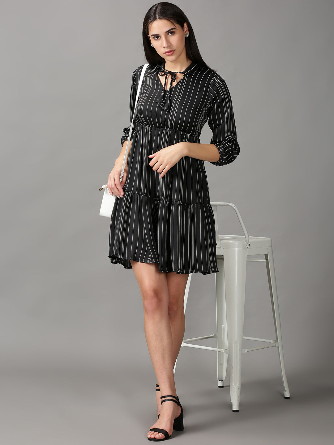 Women's Black Striped Tie-Up Neck Layered Fit & Flare Dress