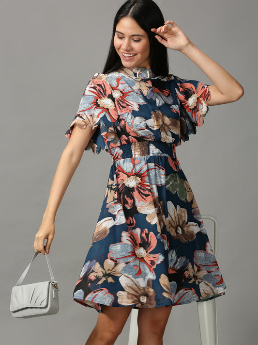 Women's Teal Floral Chiffon Ethnic A-Line Dress