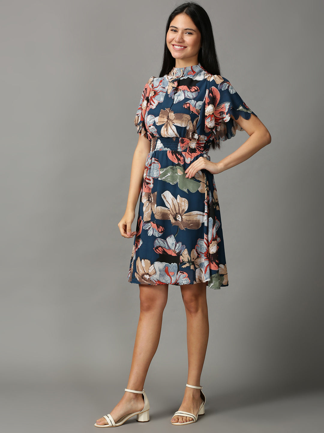 Women's Teal Floral Chiffon Ethnic A-Line Dress