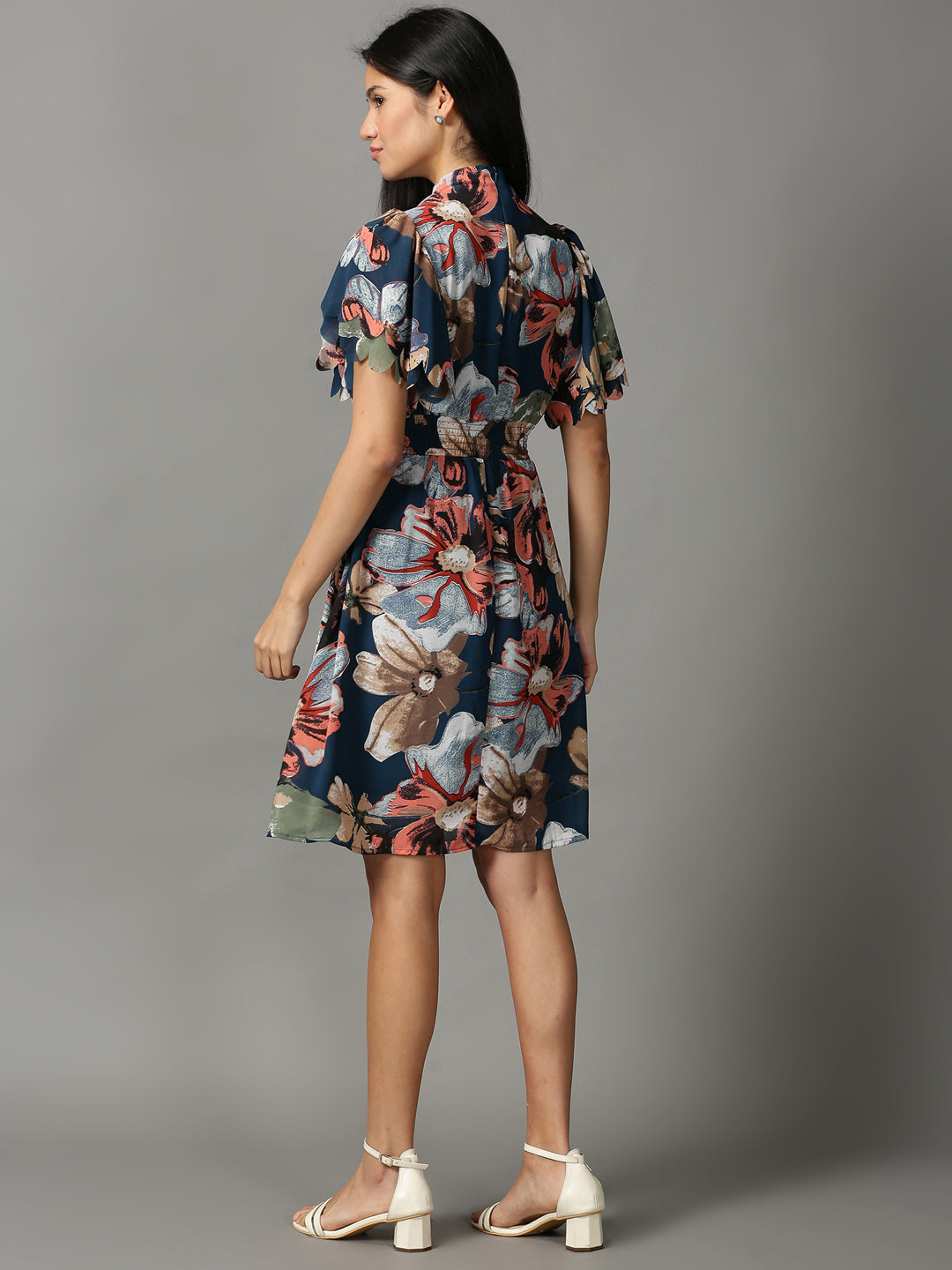 Women's Teal Floral Chiffon Ethnic A-Line Dress