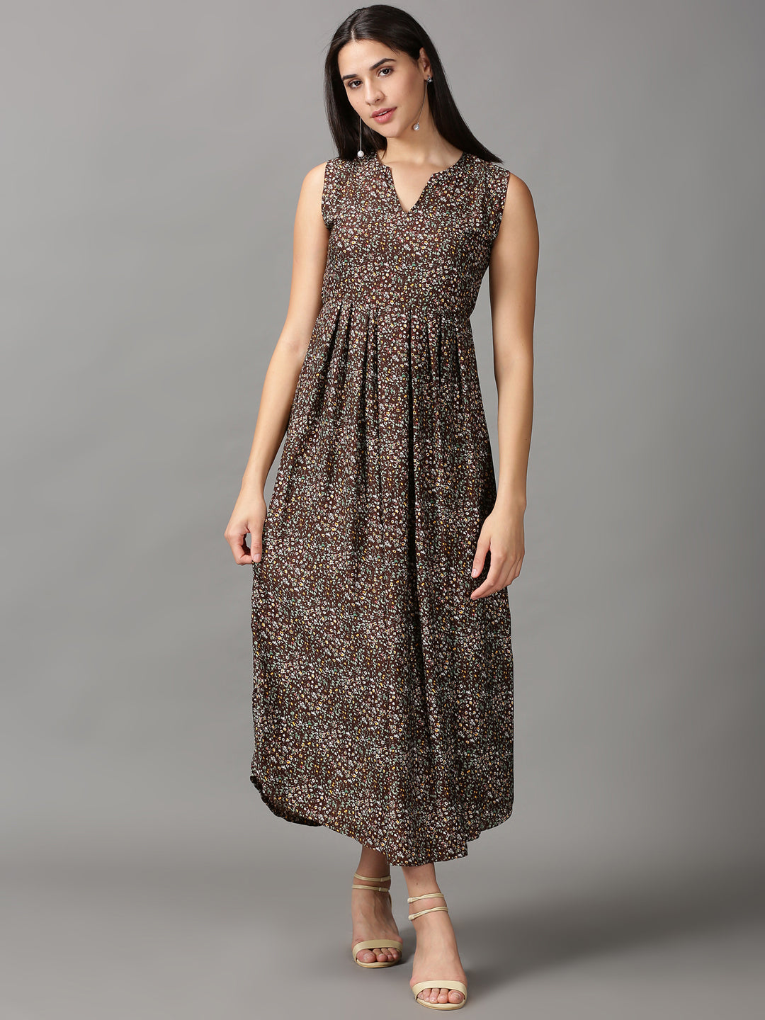 Women's Brown Floral Chiffon Fit & Flare Dress