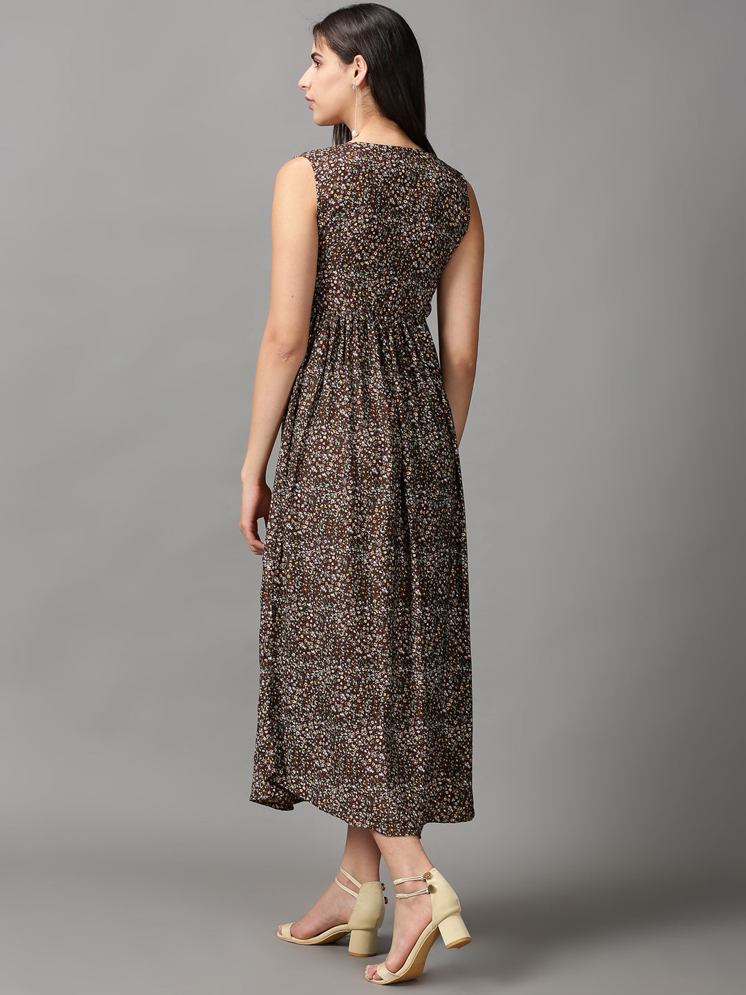 Women's Brown Floral Chiffon Fit & Flare Dress