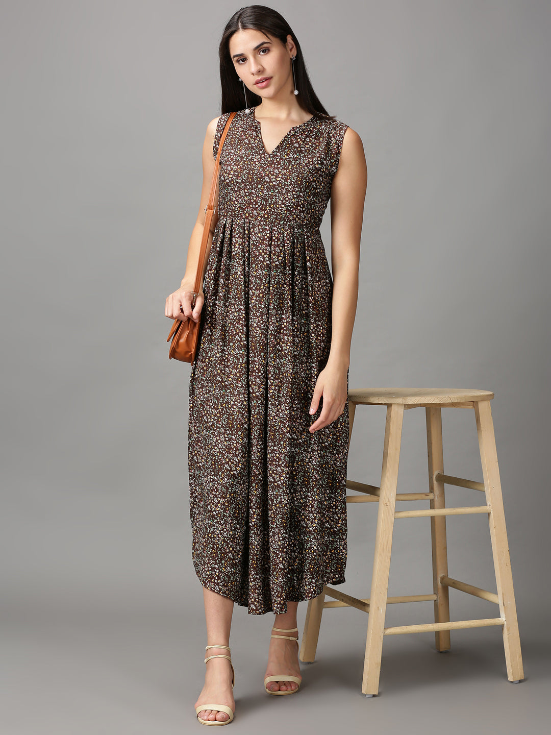 Women's Brown Floral Chiffon Fit & Flare Dress
