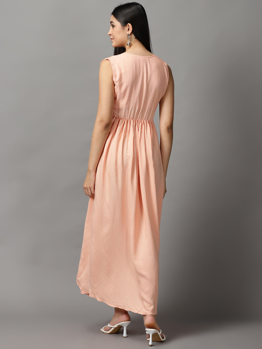 Women's Peach Sleeveless Fit and Flare Round Neck Maxi Dress