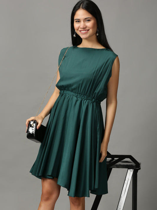 Women's Green Fit and Flare Sleeveless Dress