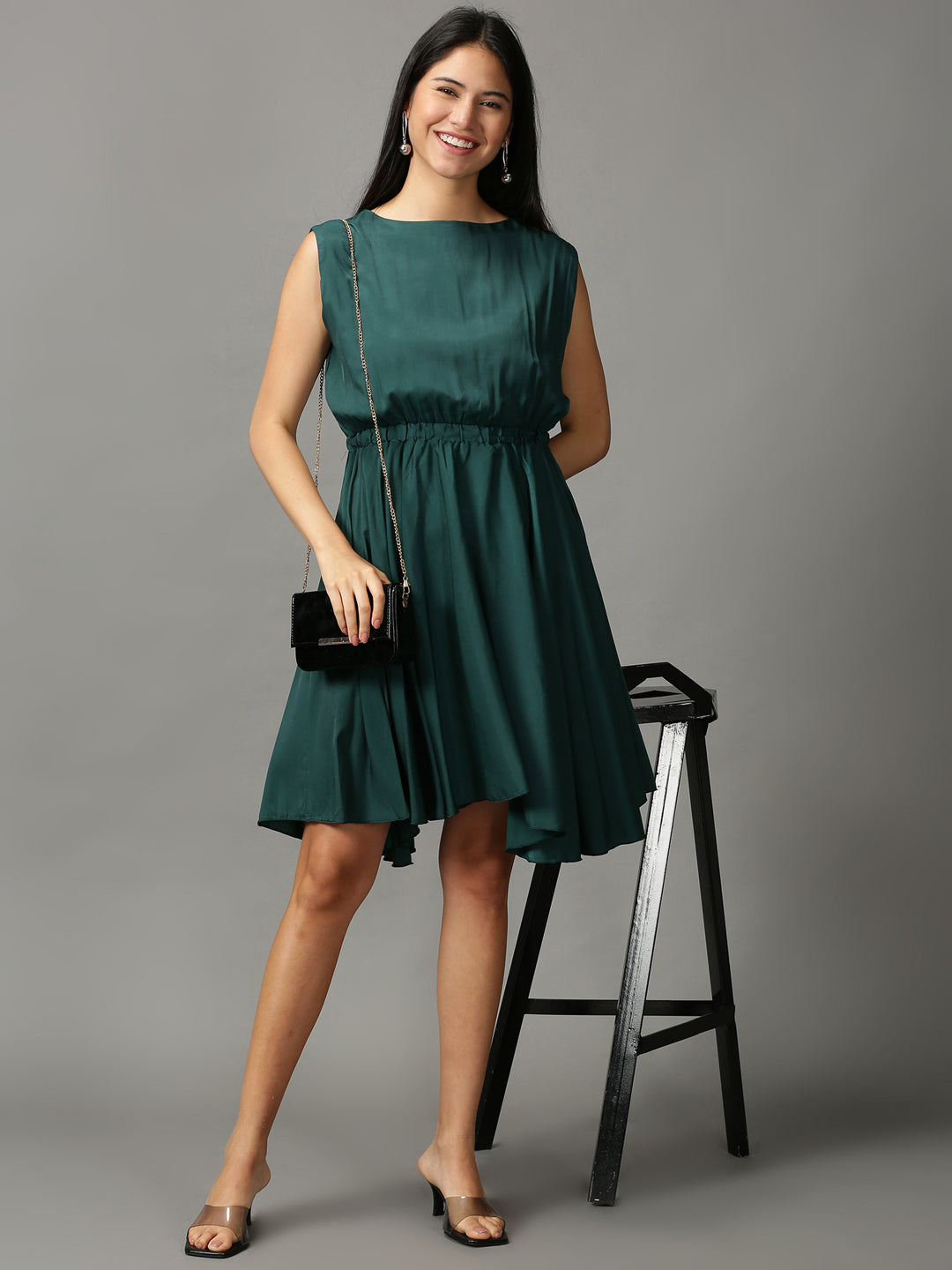Women's Green Fit and Flare Sleeveless Dress