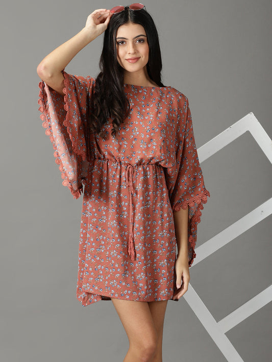 Women's Rust Floral Printed Boat Neck Kaftan Dress