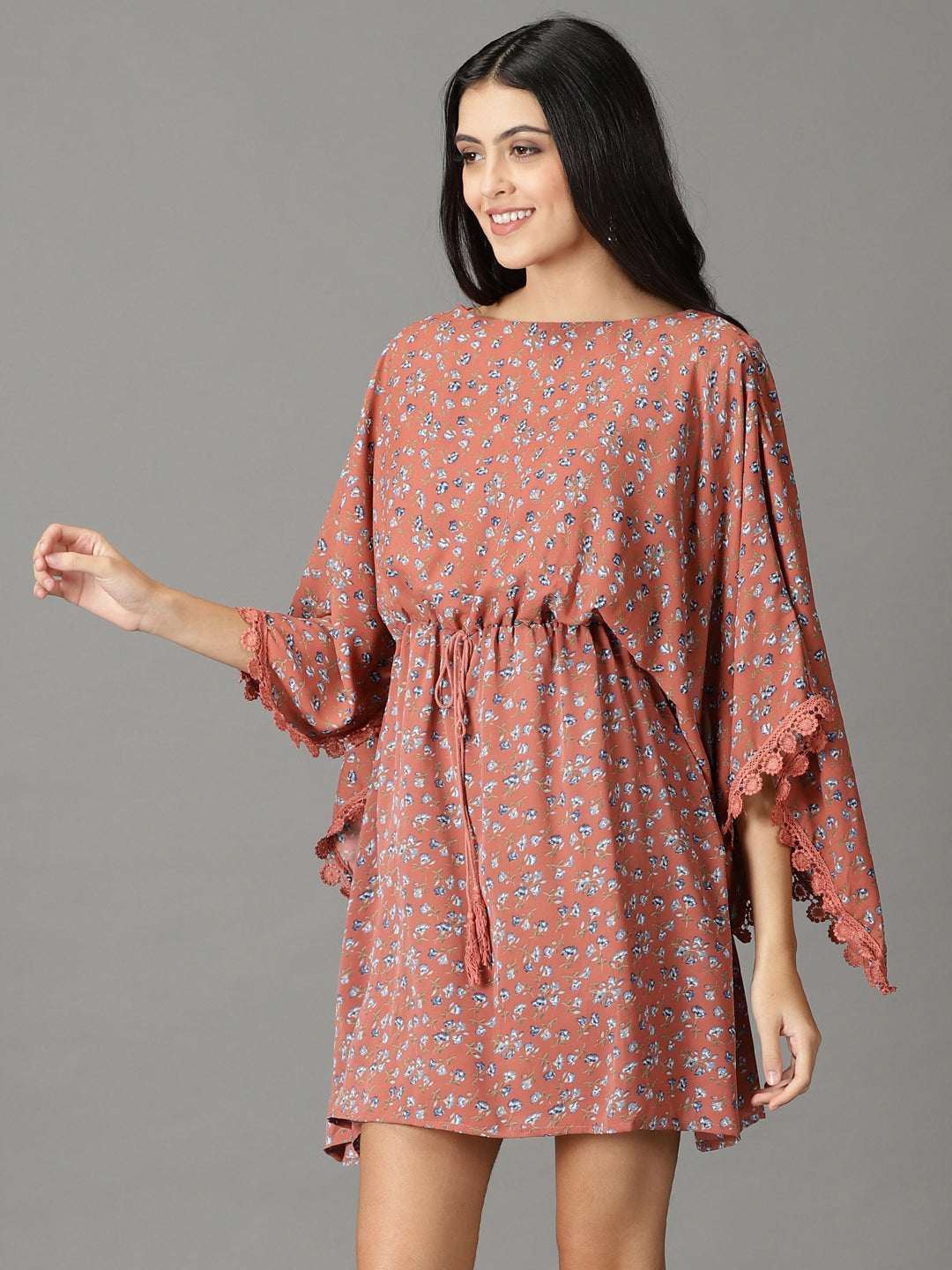 Women's Rust Floral Printed Boat Neck Kaftan Dress