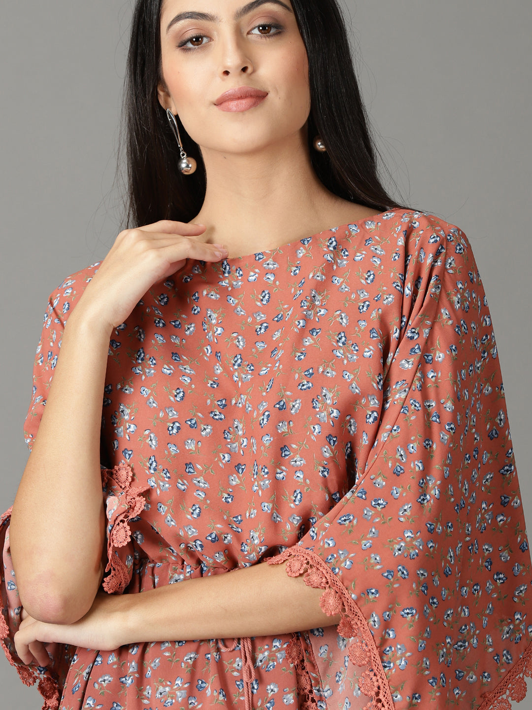 Women's Rust Floral Printed Boat Neck Kaftan Dress
