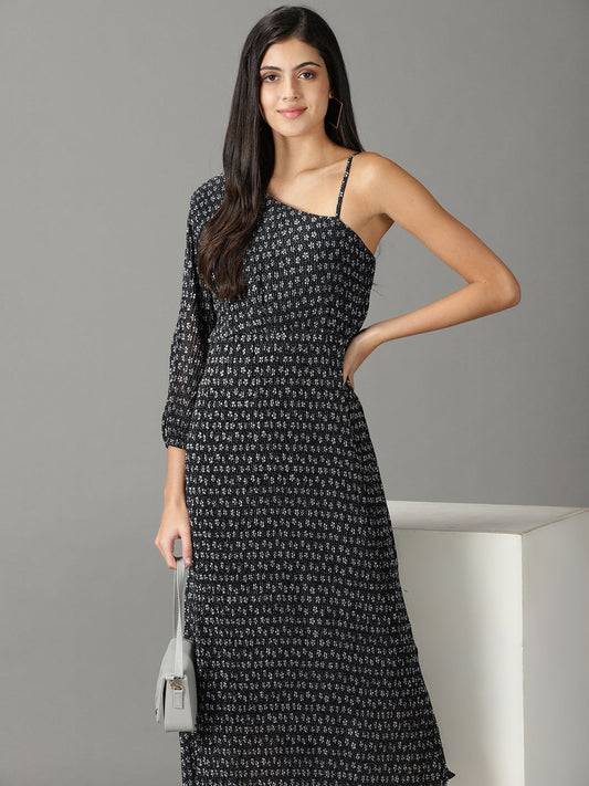 Women's Black Floral One Shoulder Chiffon A-Line Midi Dress