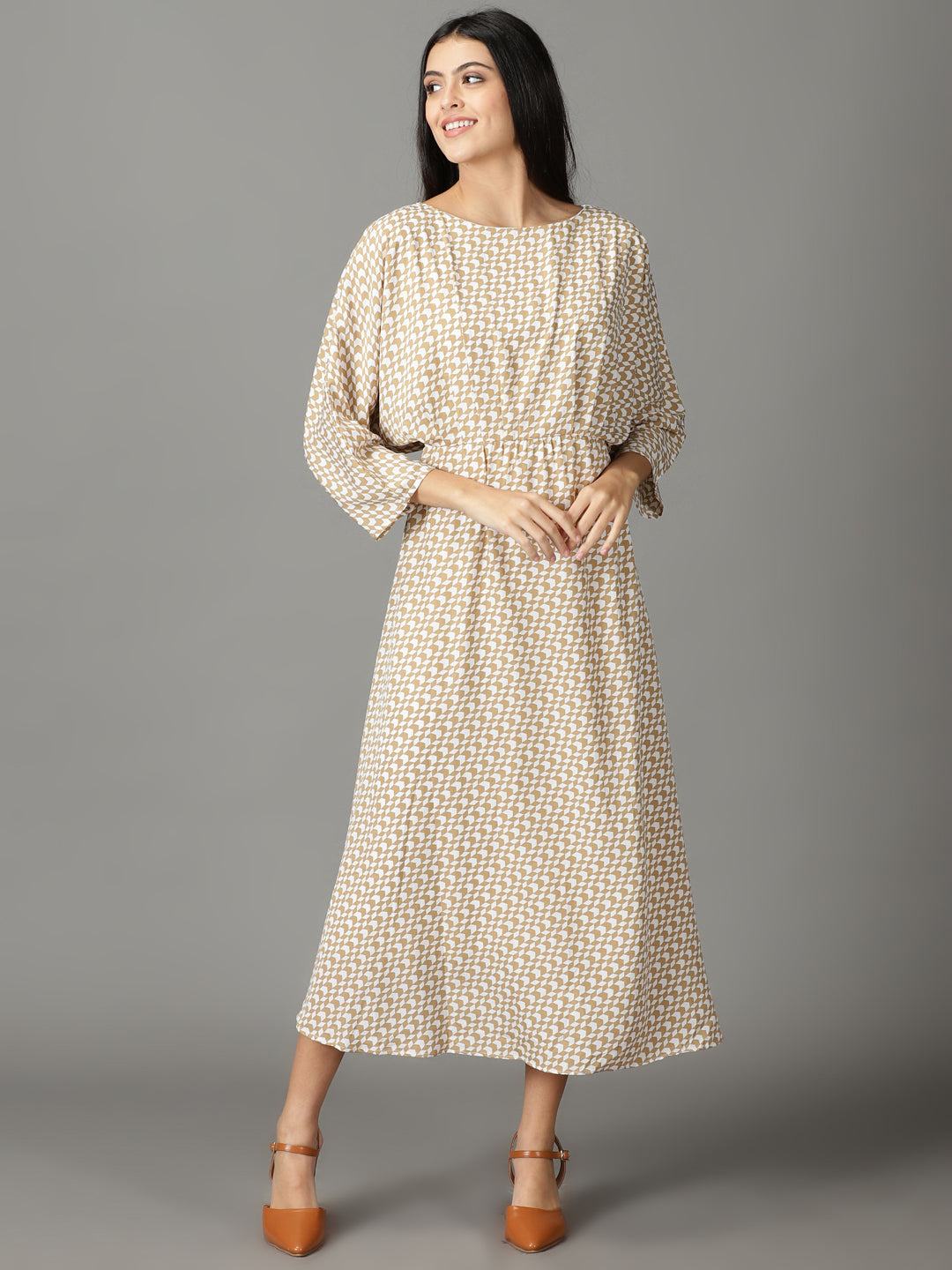 Women's Beige Kimono Sleeve Maxi Dress
