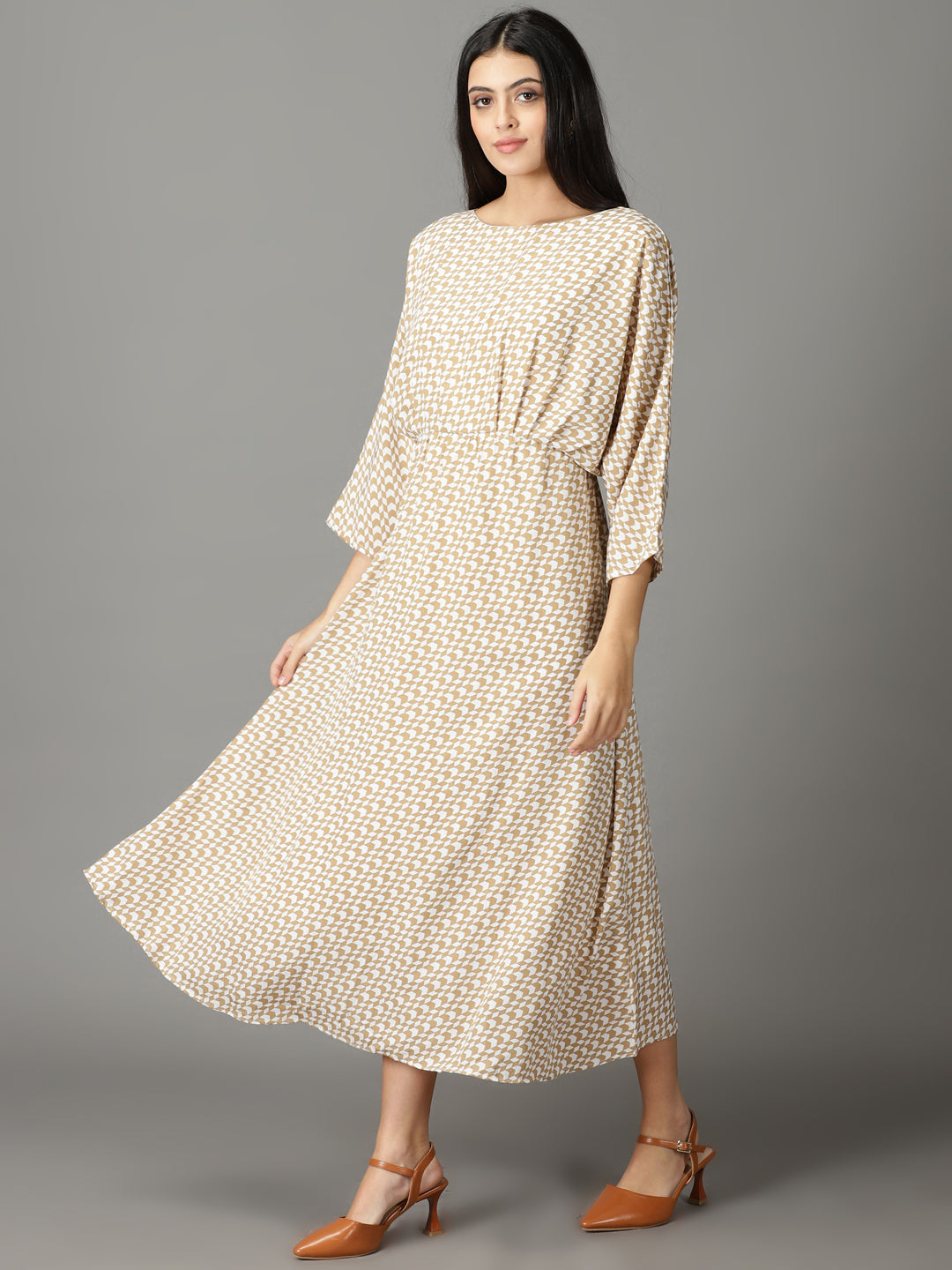 Women's Beige Kimono Sleeve Maxi Dress