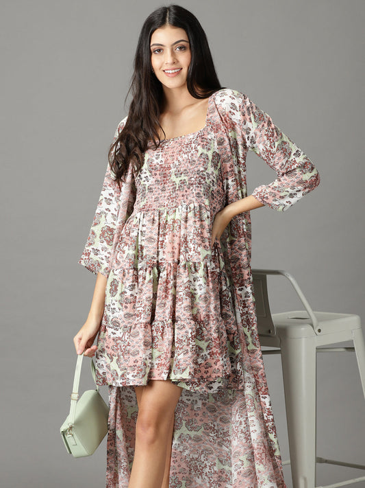 Women's Peach Floral Layered A-Line Dress