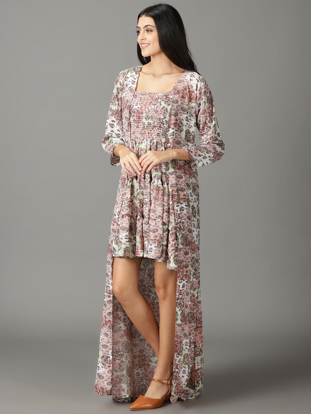 Women's Peach Floral Layered A-Line Dress