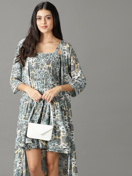 Women's Sea Green Floral Chiffon Dress