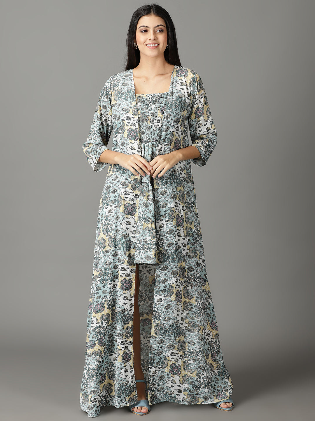 Women's Sea Green Floral Chiffon Dress