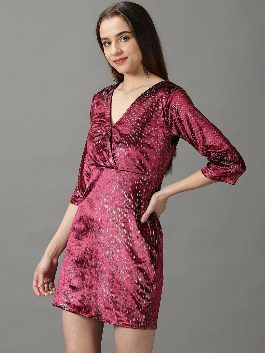 Women's Magenta Embellished Velvet Sheath Dress