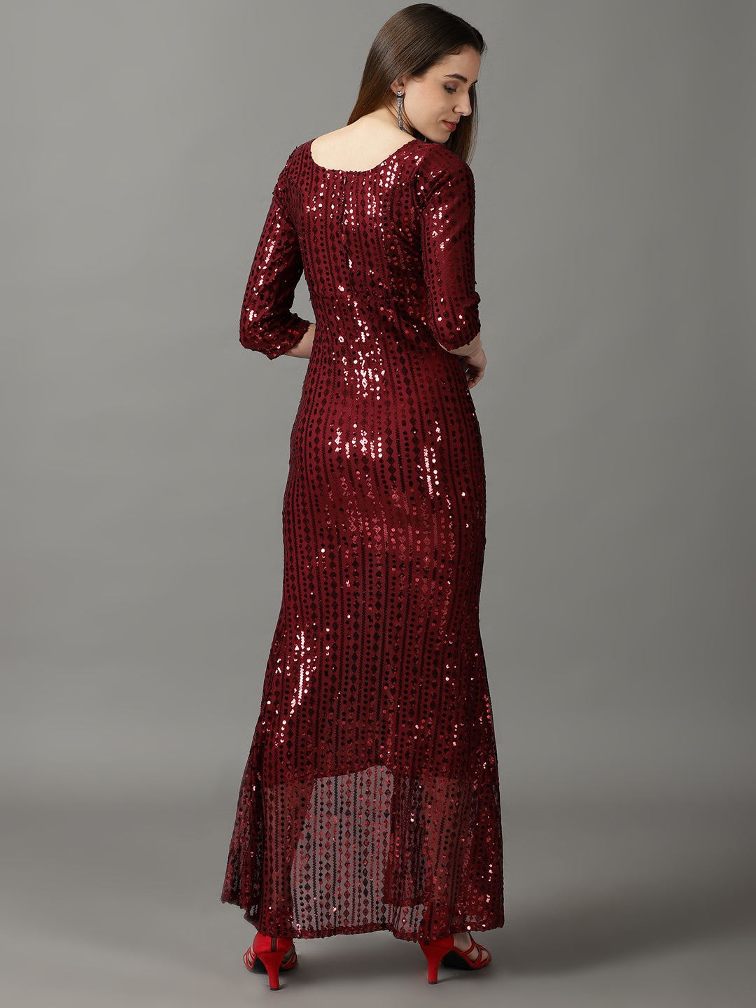 Women's Maroon Sequinned Embellished Sheath Maxi Dress