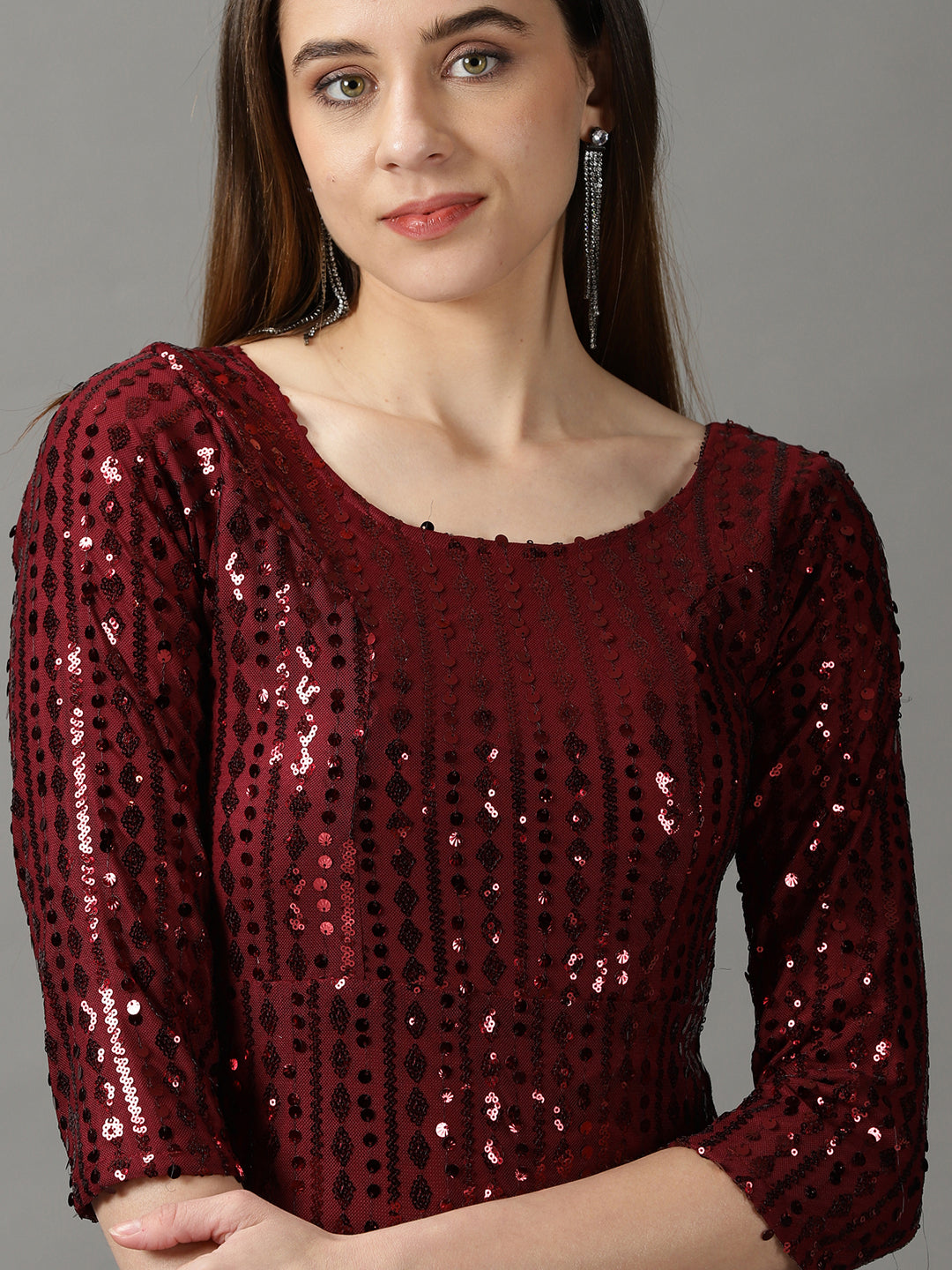 Women's Maroon Sequinned Embellished Sheath Maxi Dress