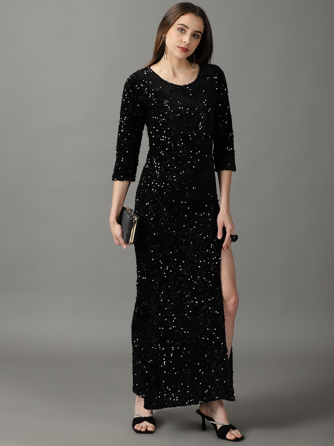 Women's Black Embellished Mermaid Sequin Velvet Sheath Dress
