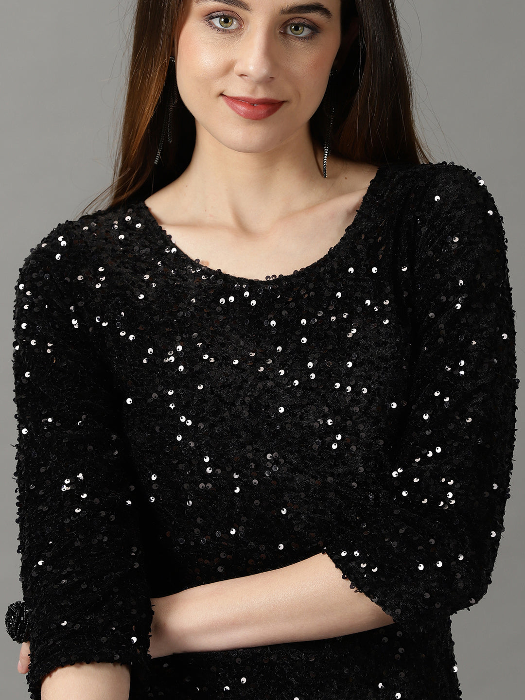 Women's Black Embellished Mermaid Sequin Velvet Sheath Dress