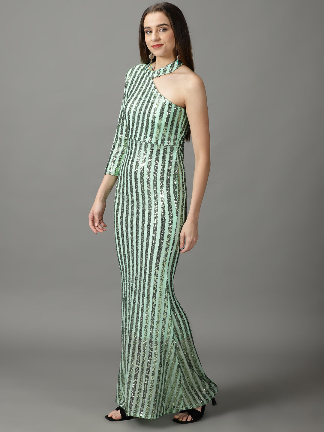Women's Green Embellished Halter Neck Sheath Maxi Dress