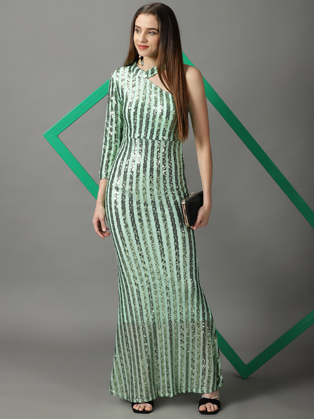 Women's Green Embellished Halter Neck Sheath Maxi Dress