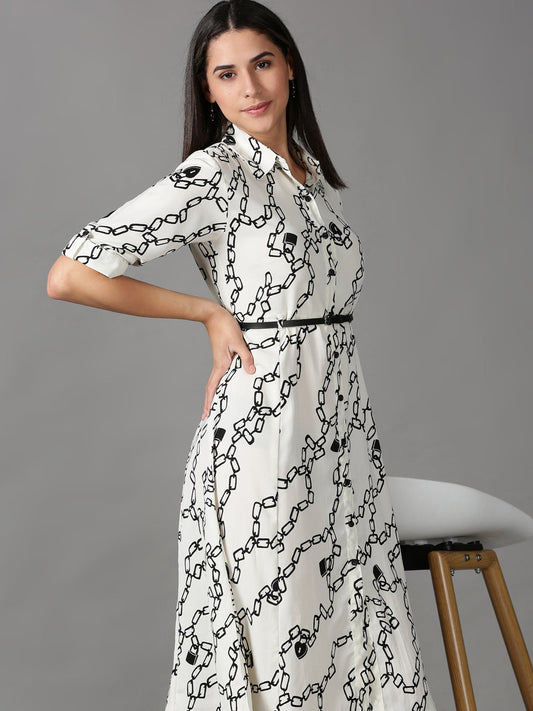 Women's Off White Printed Fit & Flare Dress