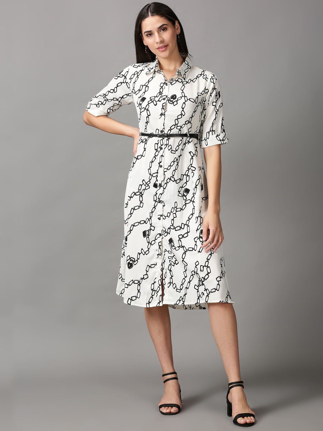 Women's Off White Printed Fit & Flare Dress