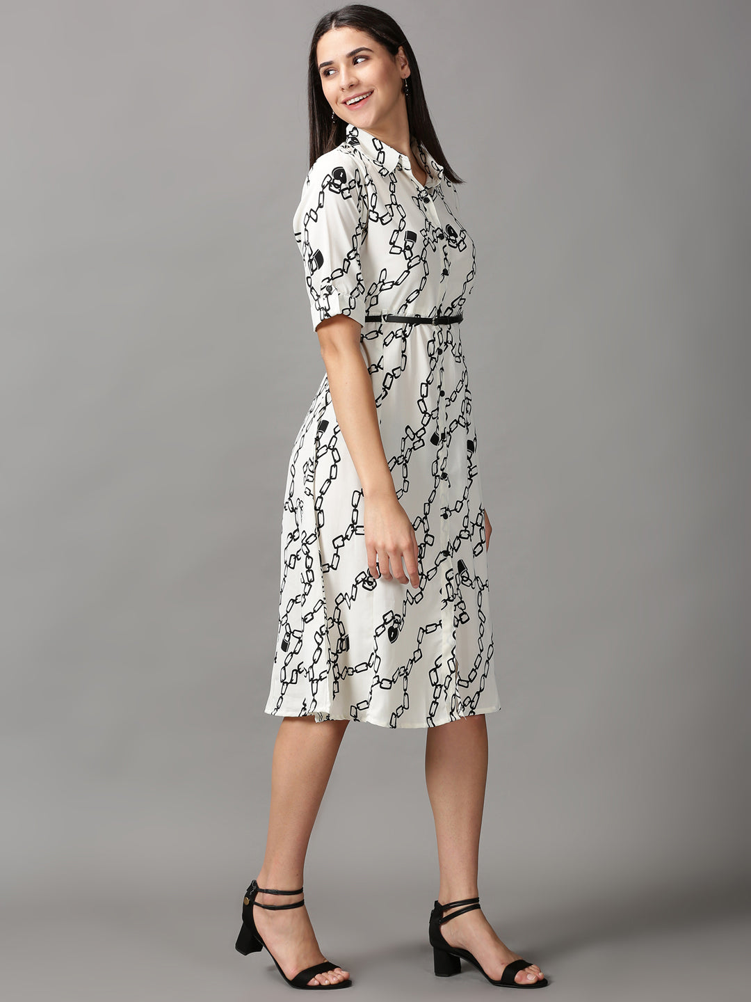 Women's Off White Printed Fit & Flare Dress