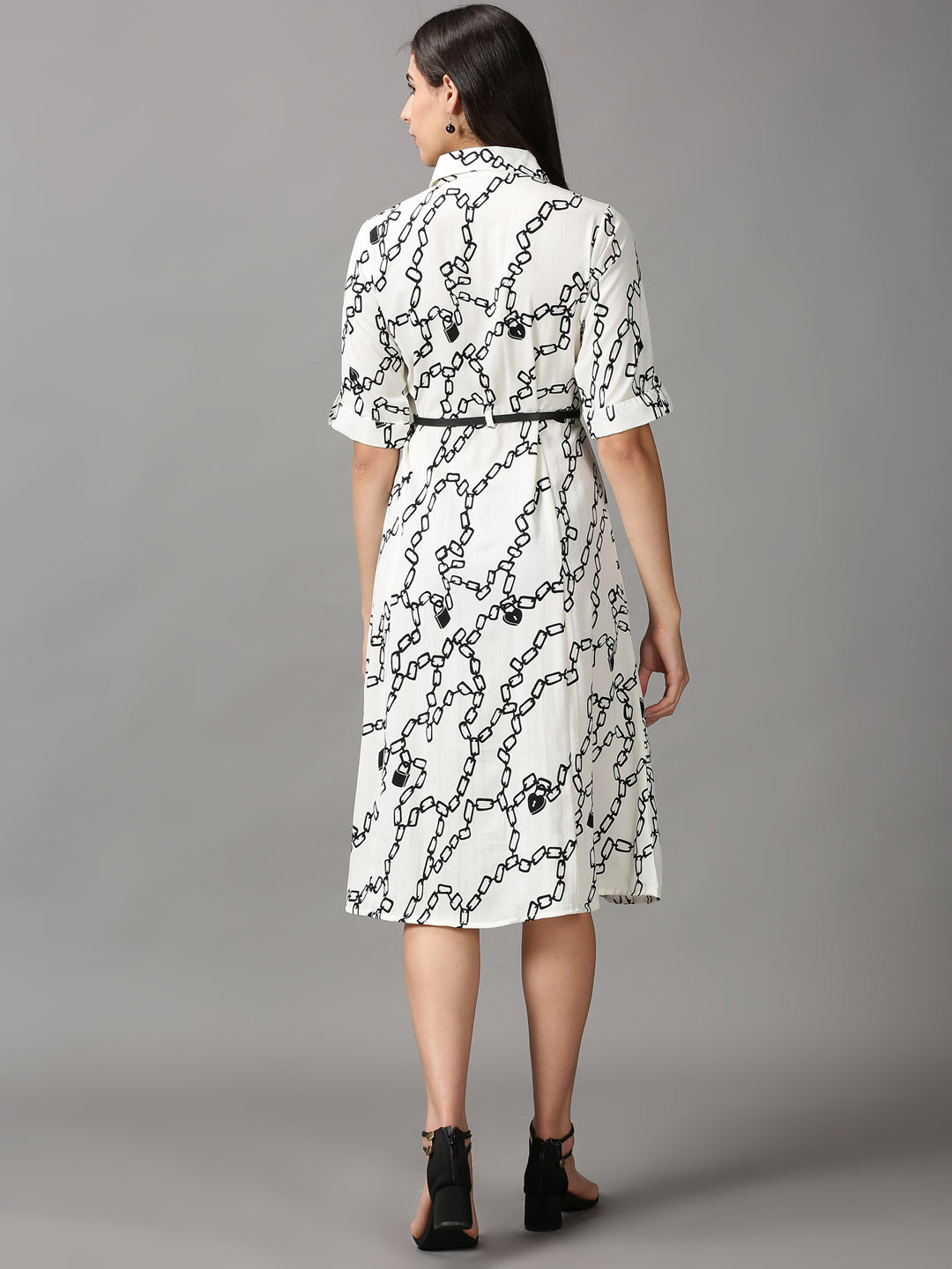 Women's Off White Printed Fit & Flare Dress