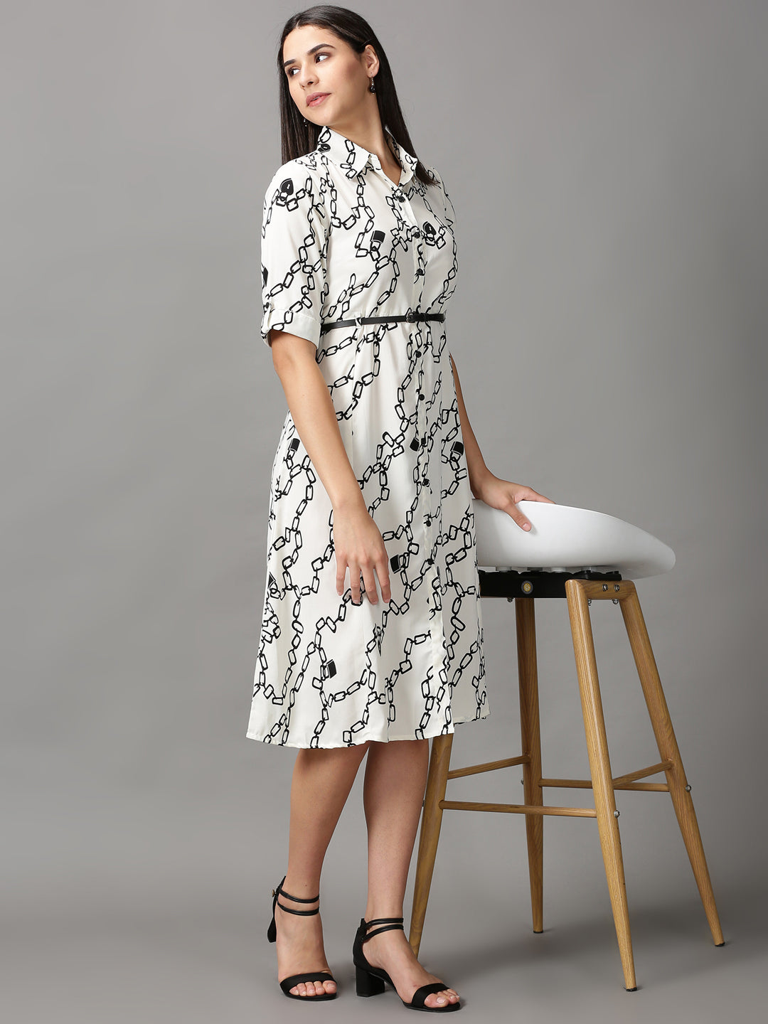 Women's Off White Printed Fit & Flare Dress