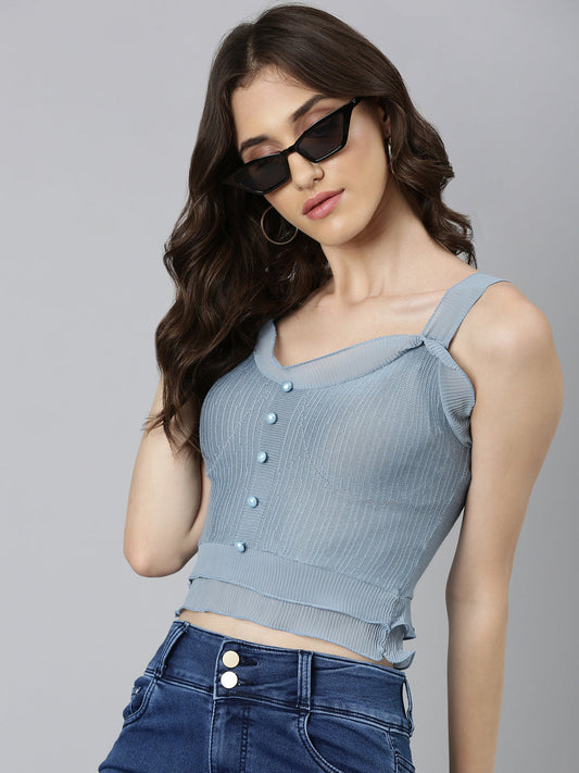 Women's Blue Self Design Shoulder Strap Fitted Crop Top