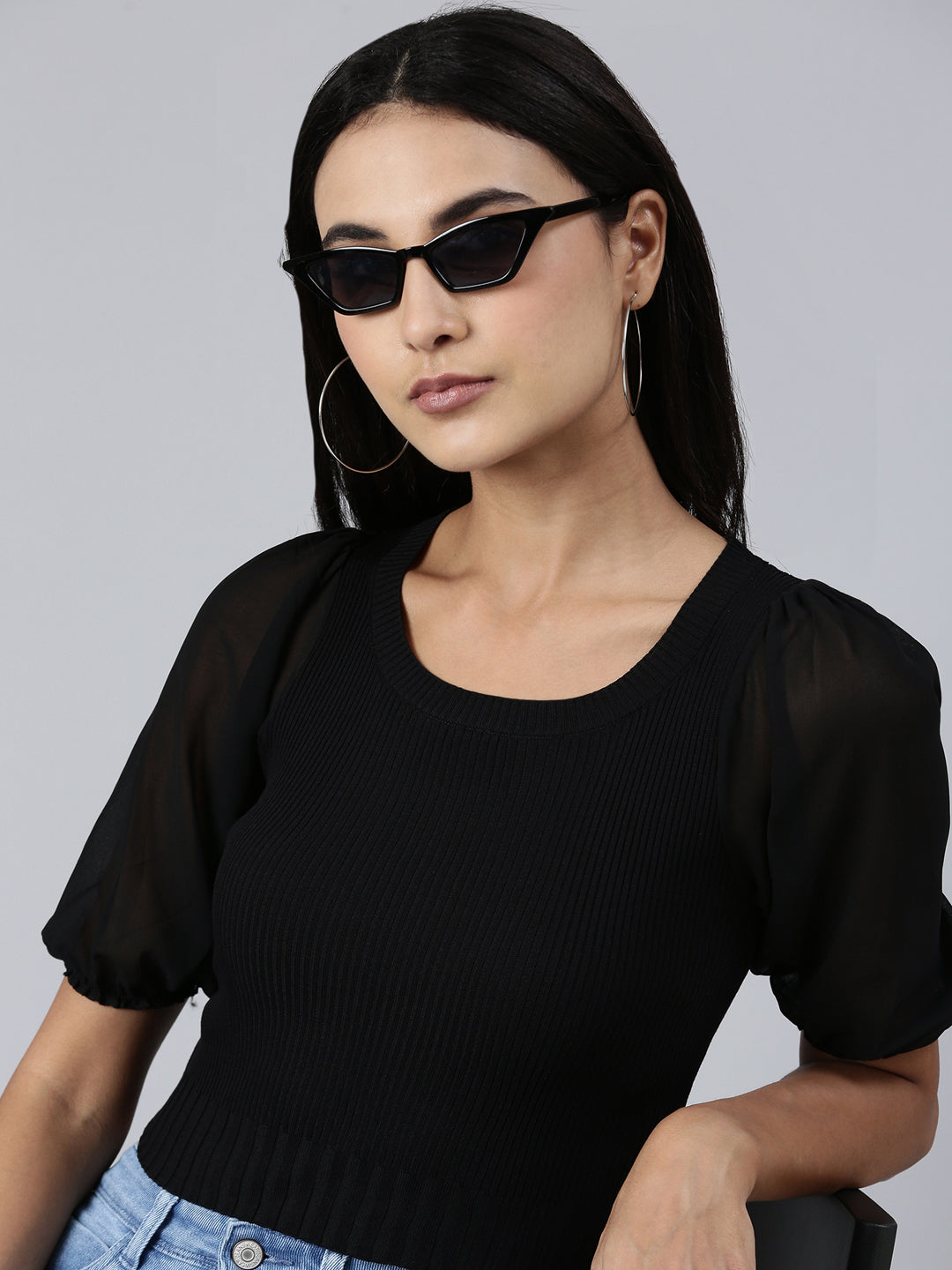 Women's Black Round Neck Puff Sleeve Acrylic Crop Top
