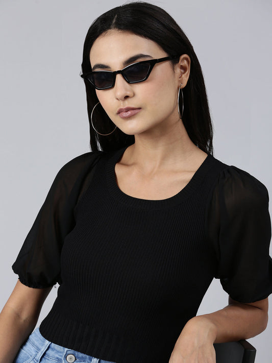Women's Black Round Neck Puff Sleeve Acrylic Crop Top