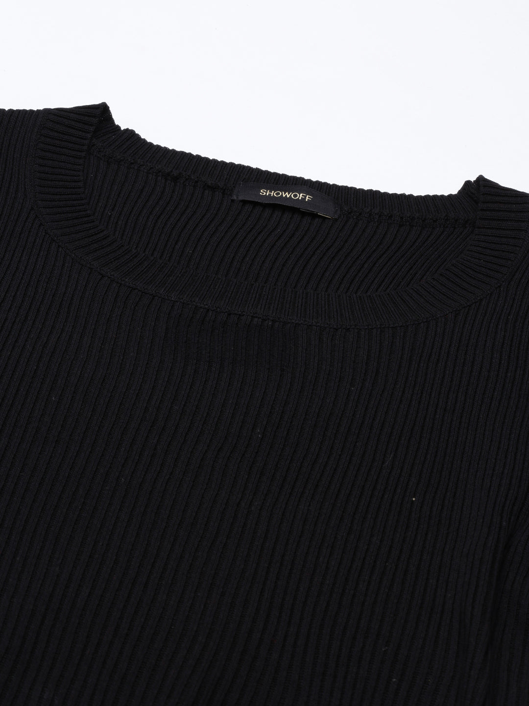 Women's Black Round Neck Puff Sleeve Acrylic Crop Top