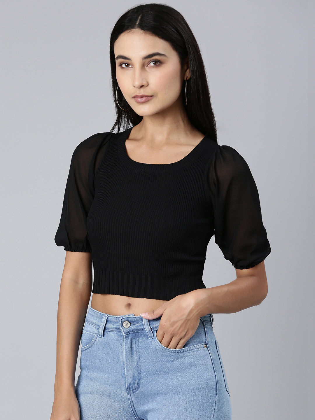 Women's Black Round Neck Puff Sleeve Acrylic Crop Top