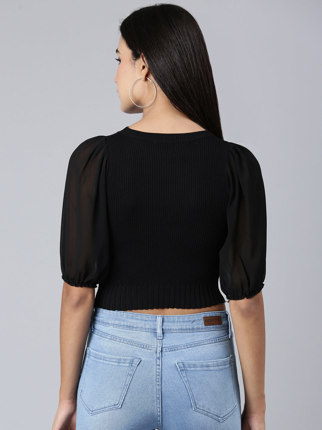 Women's Black Round Neck Puff Sleeve Acrylic Crop Top