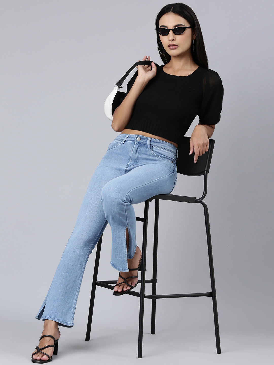 Women's Black Round Neck Puff Sleeve Acrylic Crop Top