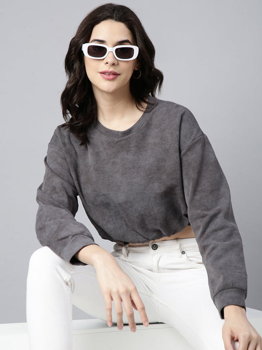 Women's Grey Round Neck Drop Shoulder Crop Top