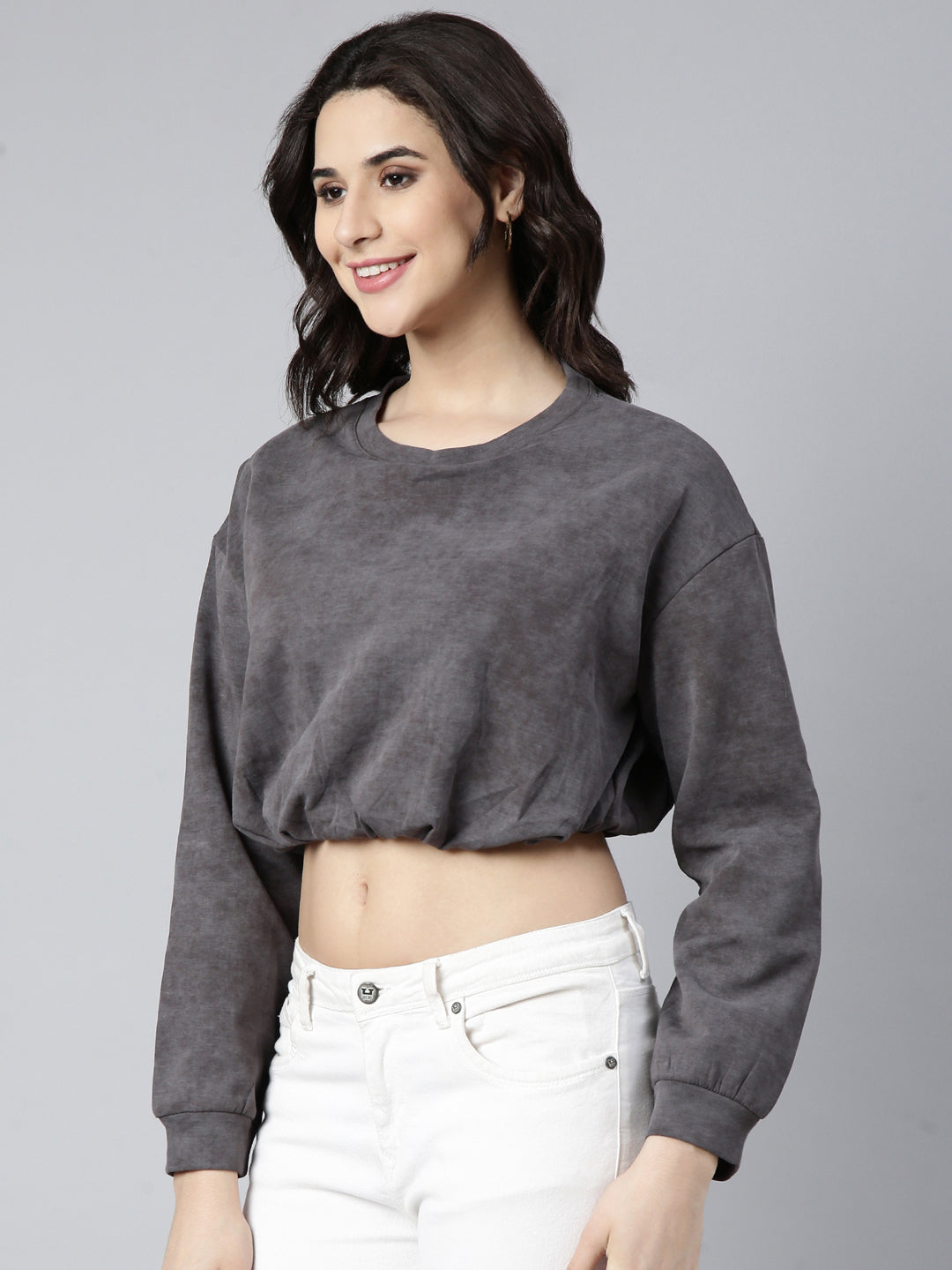 Women's Grey Round Neck Drop Shoulder Crop Top