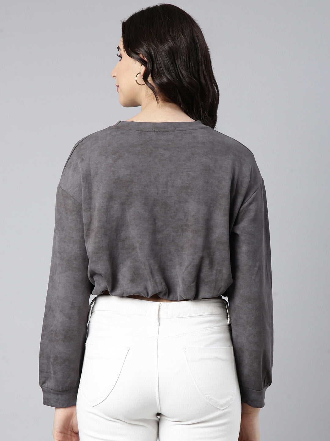 Women's Grey Round Neck Drop Shoulder Crop Top
