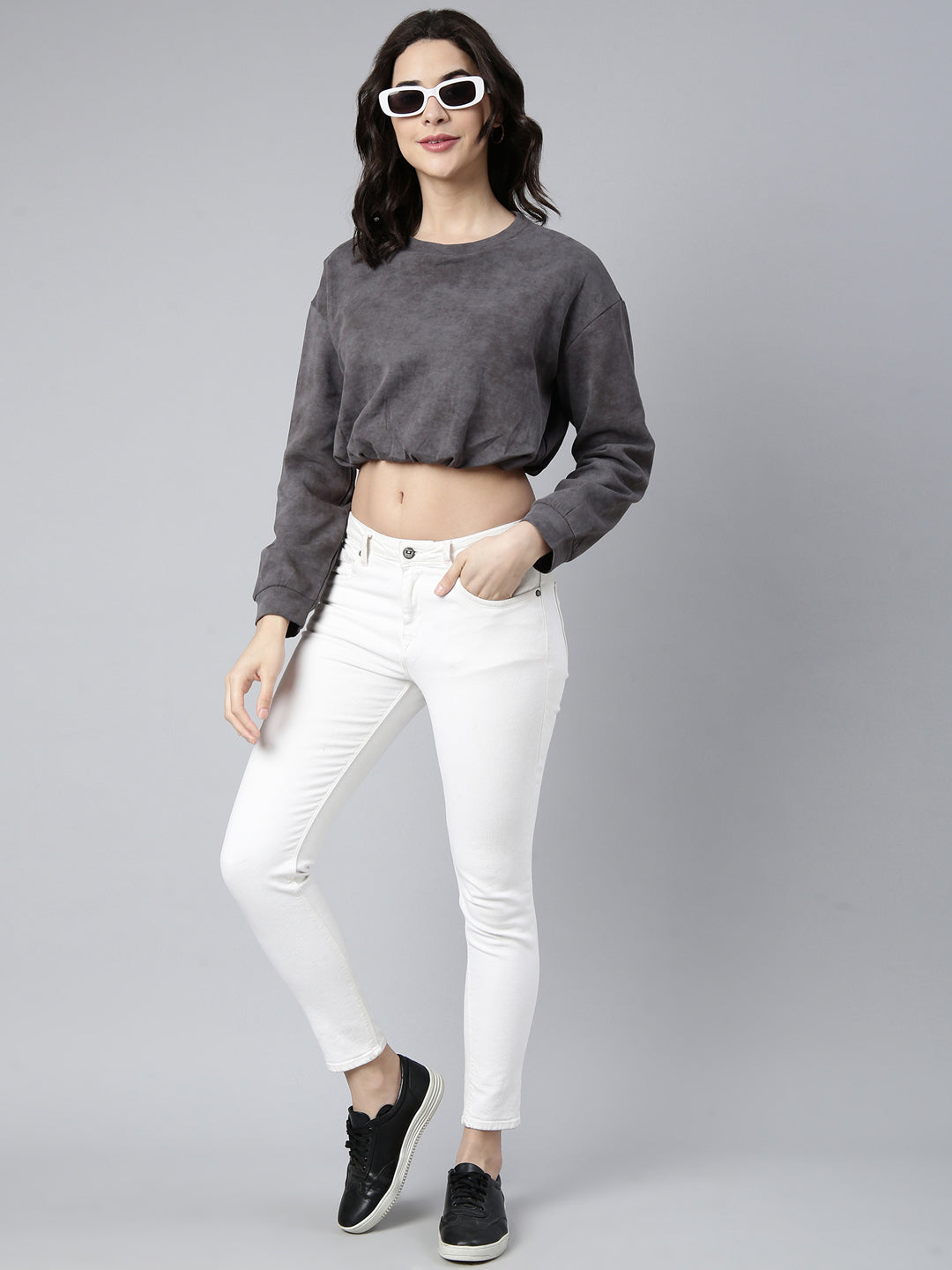Women's Grey Round Neck Drop Shoulder Crop Top