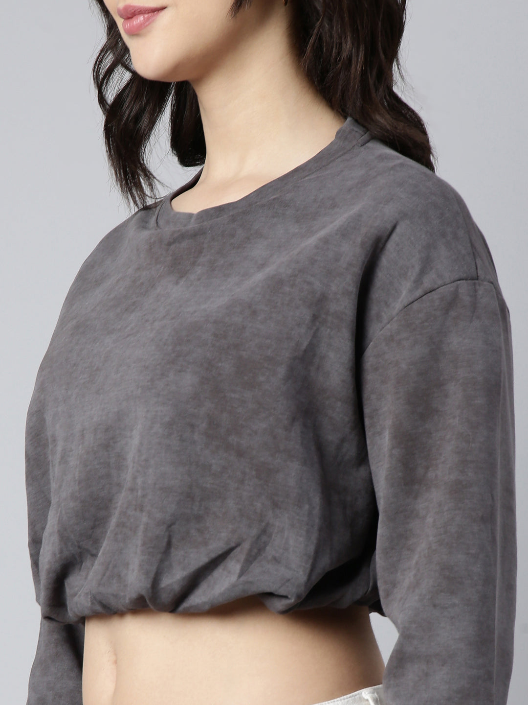 Women's Grey Round Neck Drop Shoulder Crop Top